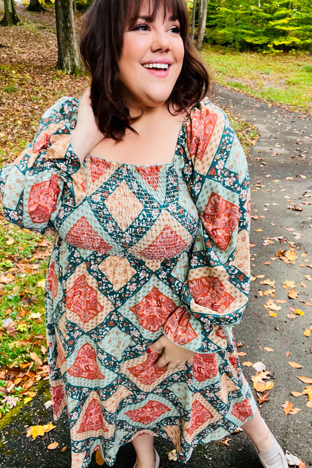 Join Me Later Rust/Teal Boho Smocked Woven Midi Dress