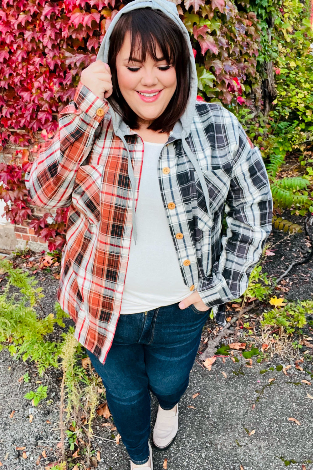 All Put Together Rust/Charcoal Plaid Colorblock Hoodie Shacket