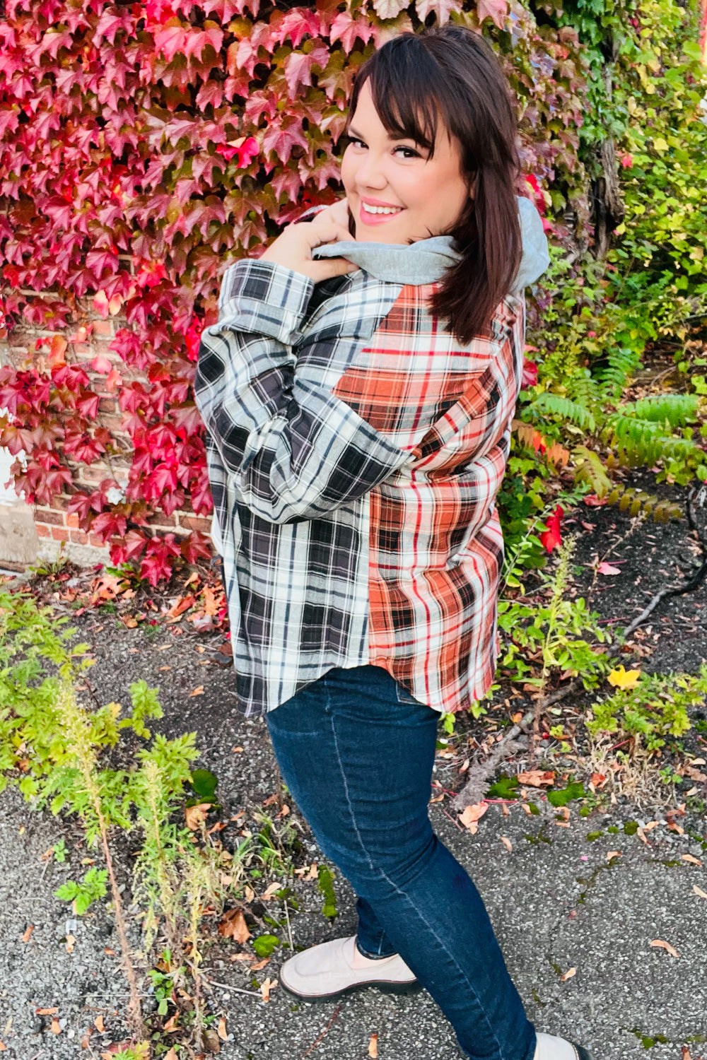 All Put Together Rust/Charcoal Plaid Colorblock Hoodie Shacket