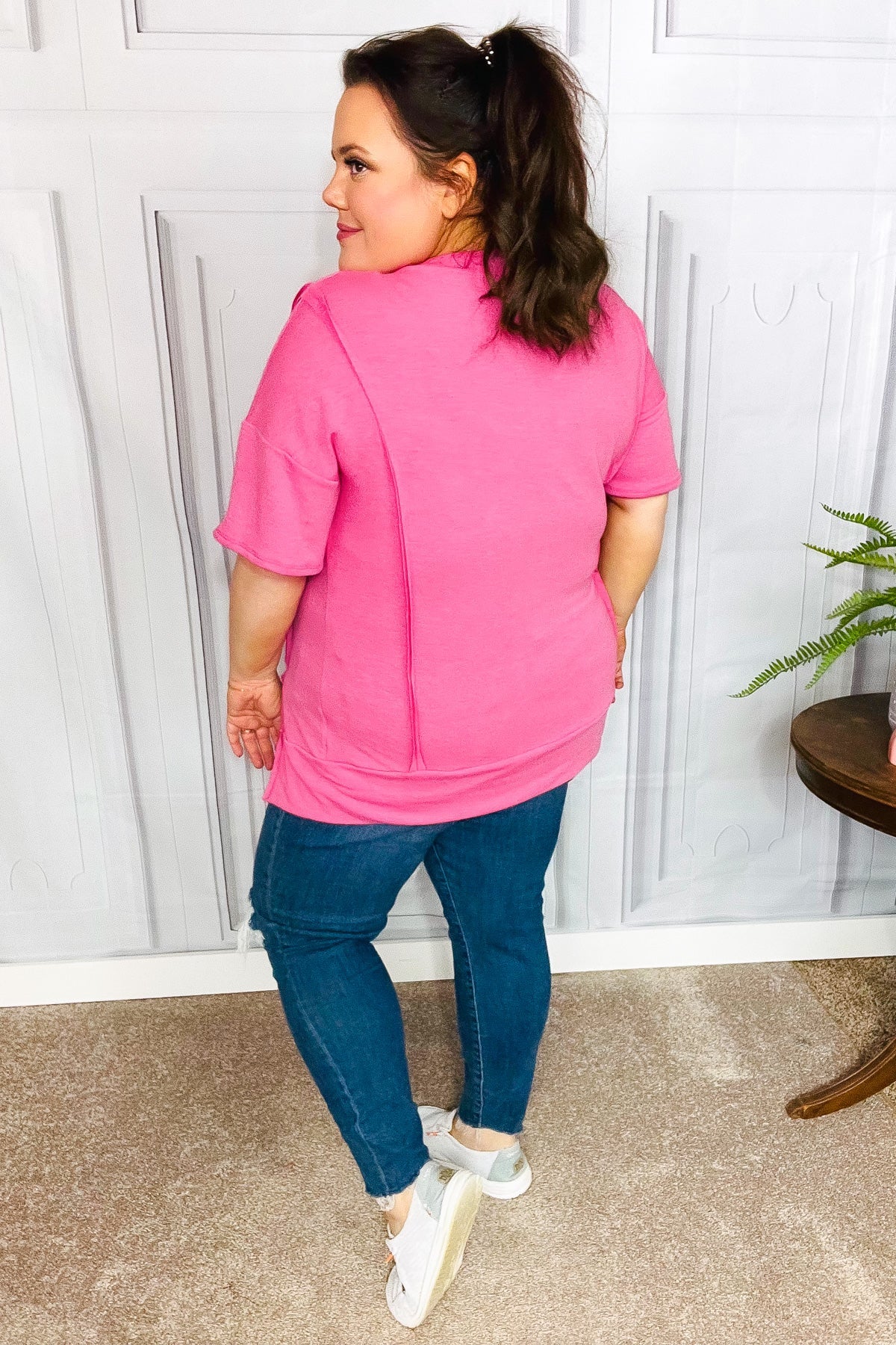 Perfectly Poised Hot Pink Cut Edge French Terry Top