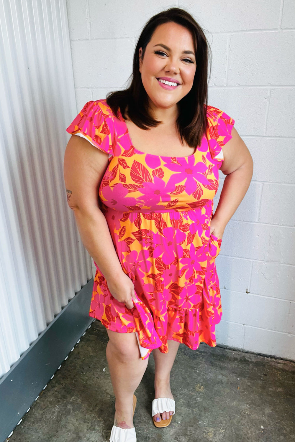 Fuchsia & Orange Tropical Floral Square Neck Dress