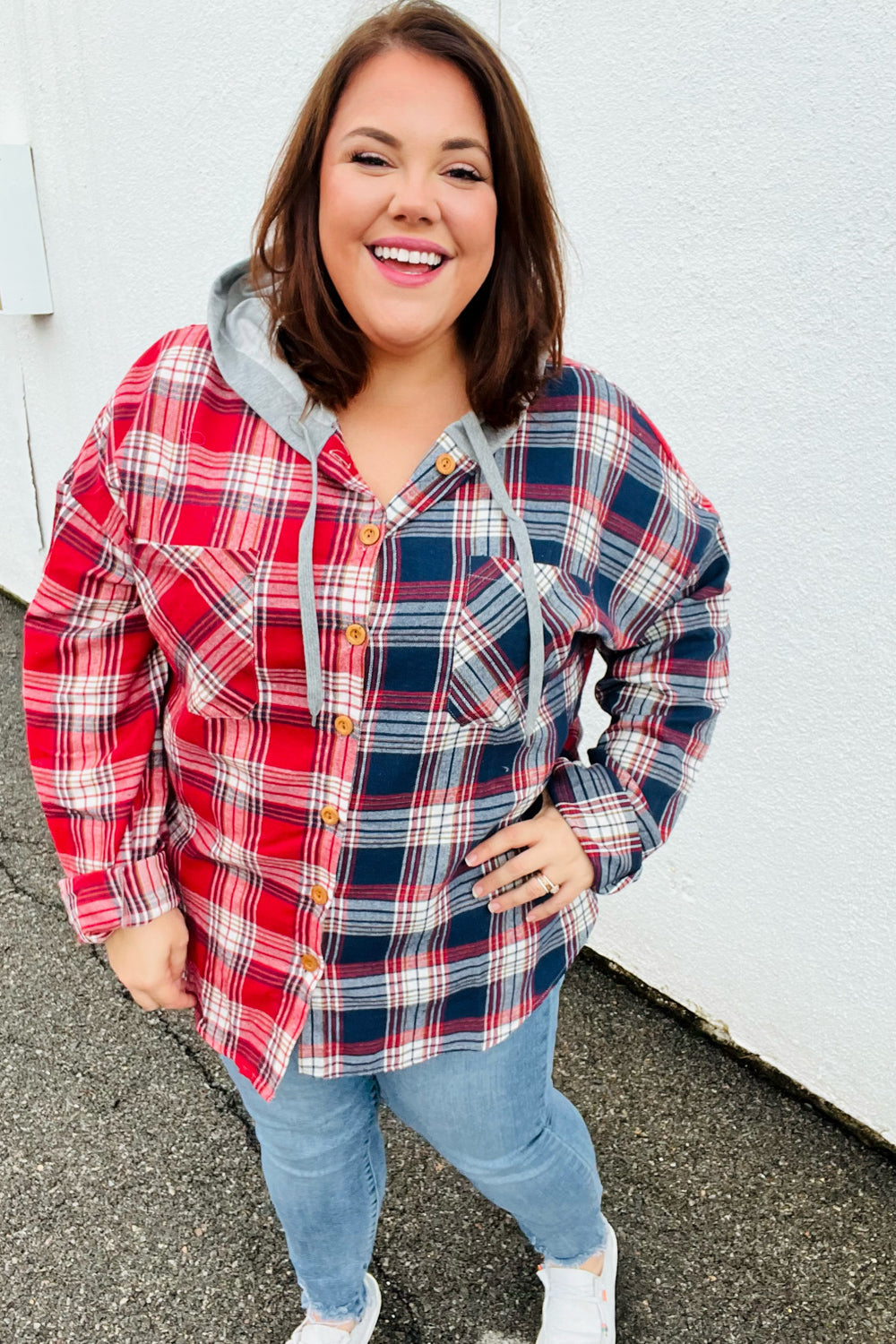 Face the Day Red/Navy Plaid Color Block Hoodie Shacket