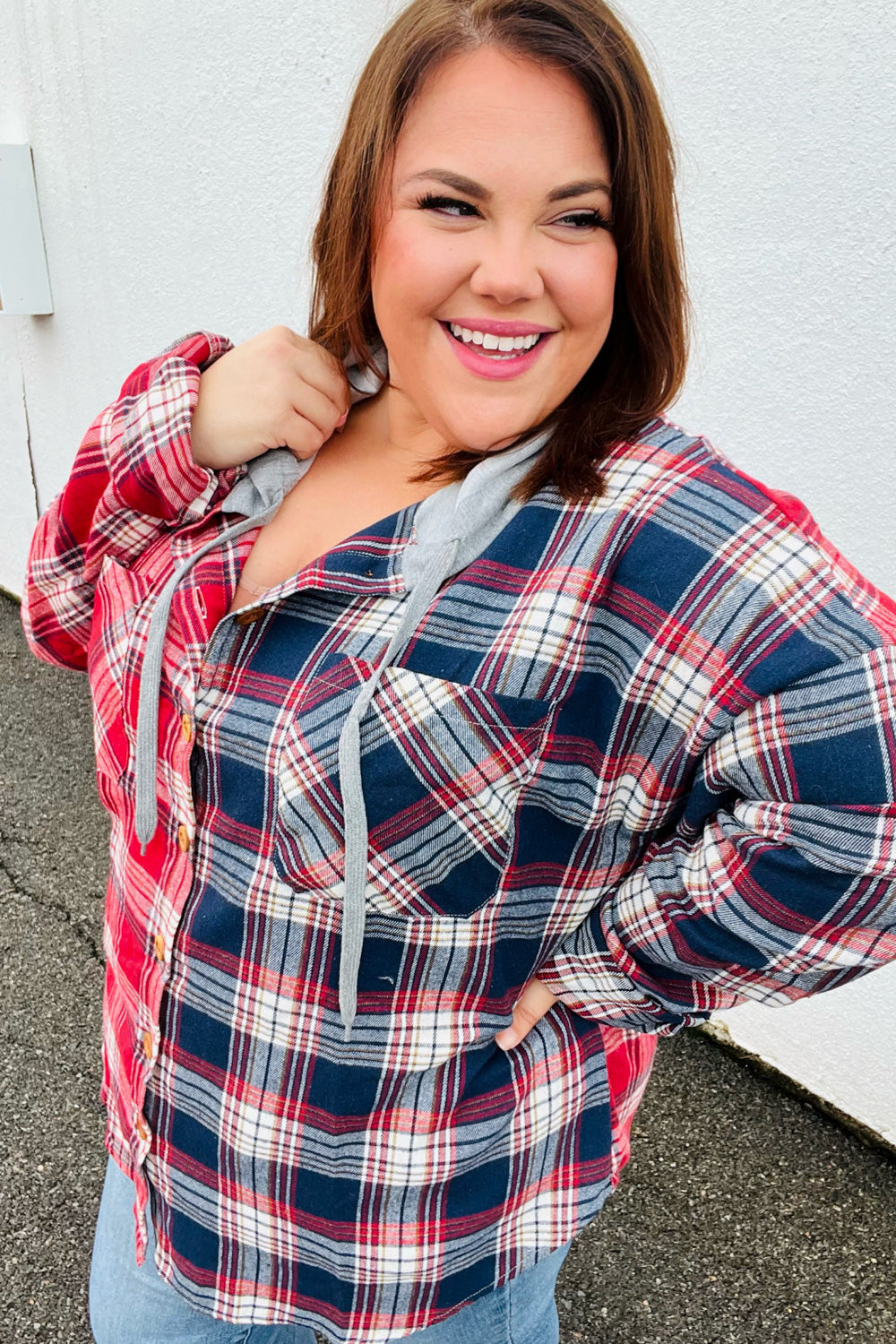 Face the Day Red/Navy Plaid Color Block Hoodie Shacket