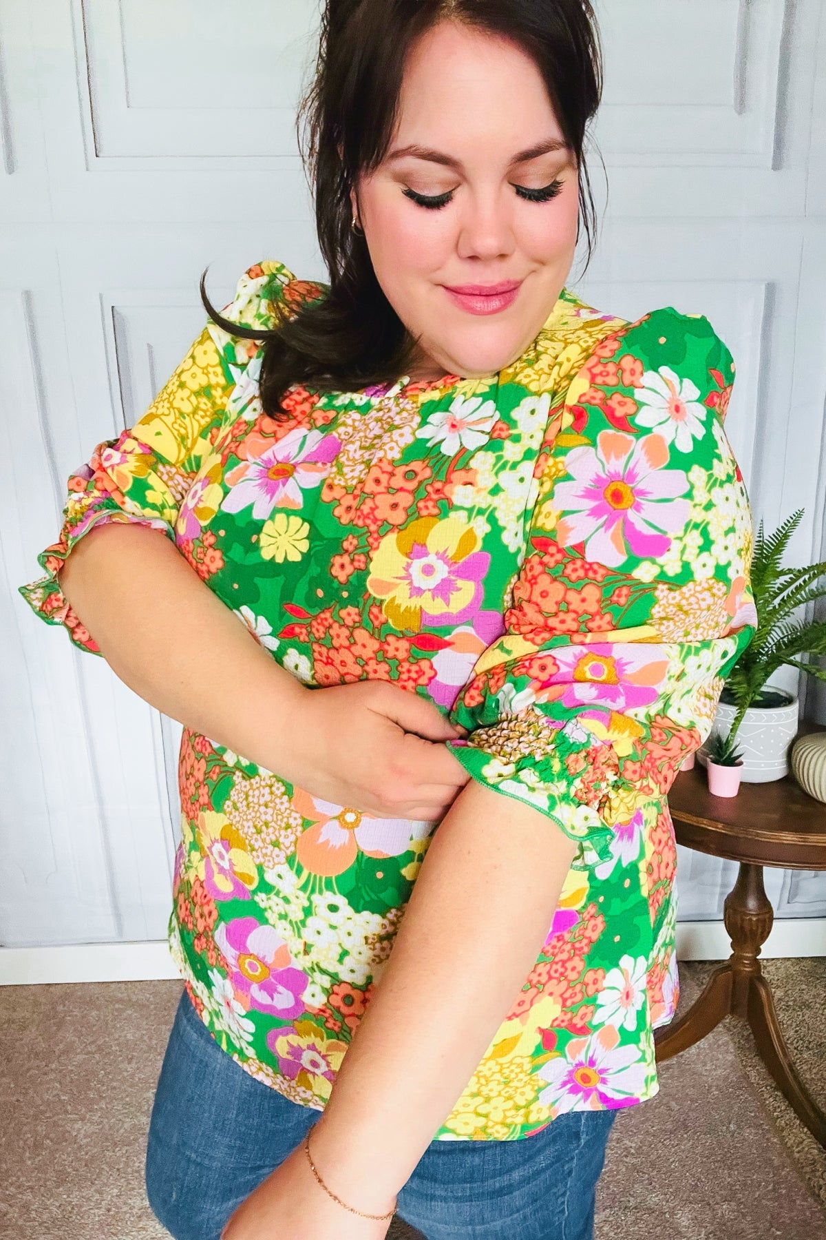 All For You Green Floral Print Frill Smocked Top