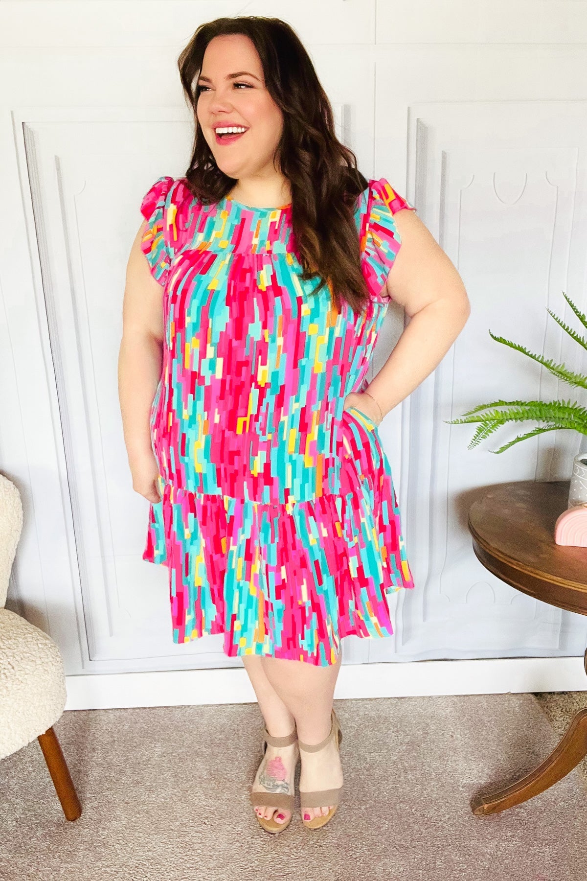 Feeling Bold Multicolor Abstract Print Tiered Ruffle Sleeve Dress