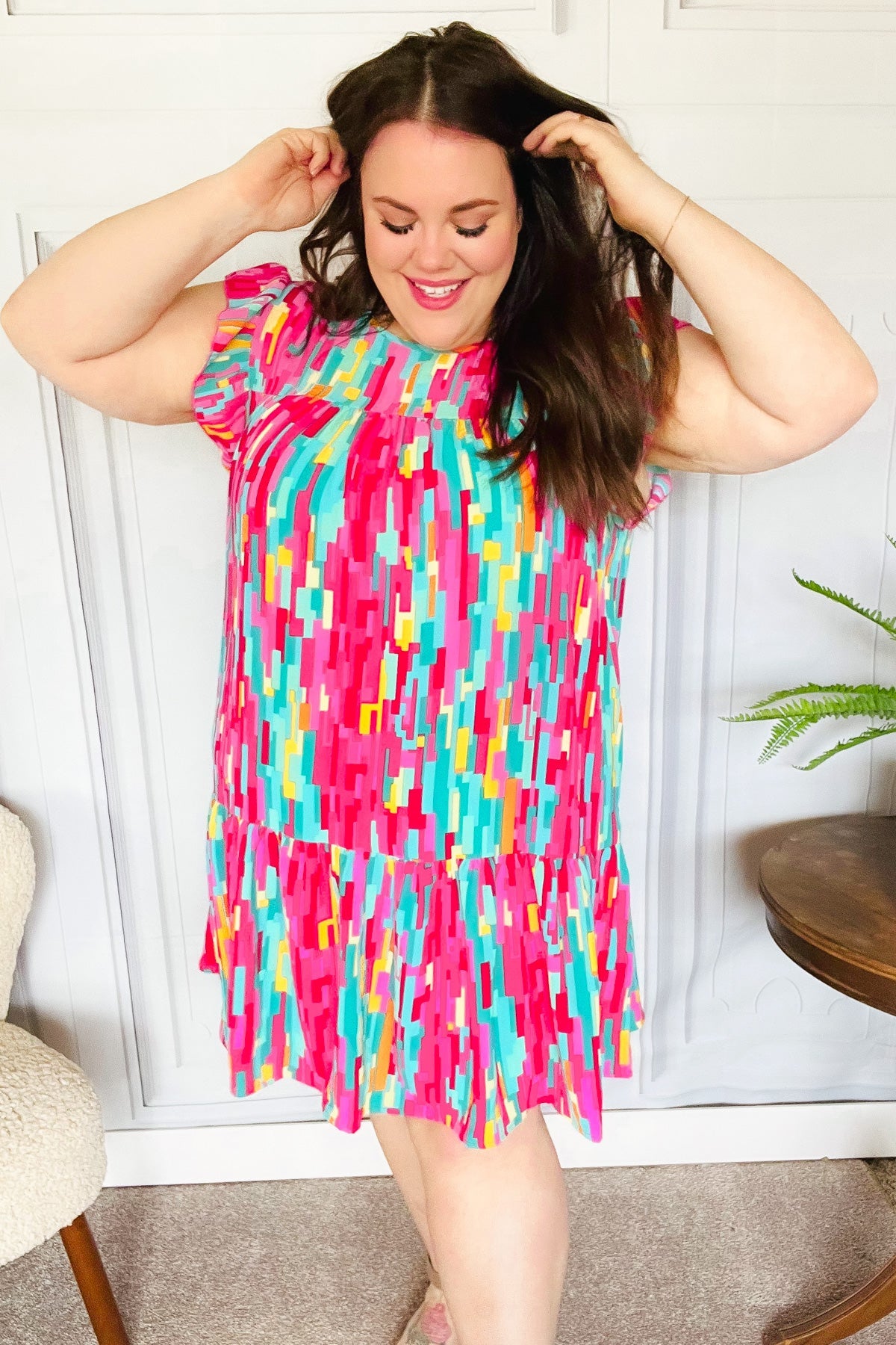 Feeling Bold Multicolor Abstract Print Tiered Ruffle Sleeve Dress