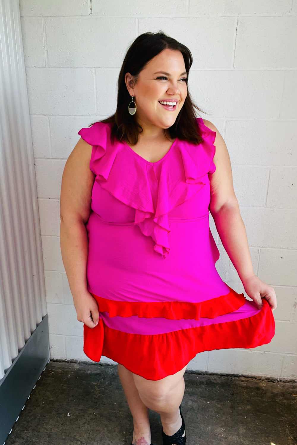 Fuchsia Ruffle V Neck Crepe Tiered Midi Dress