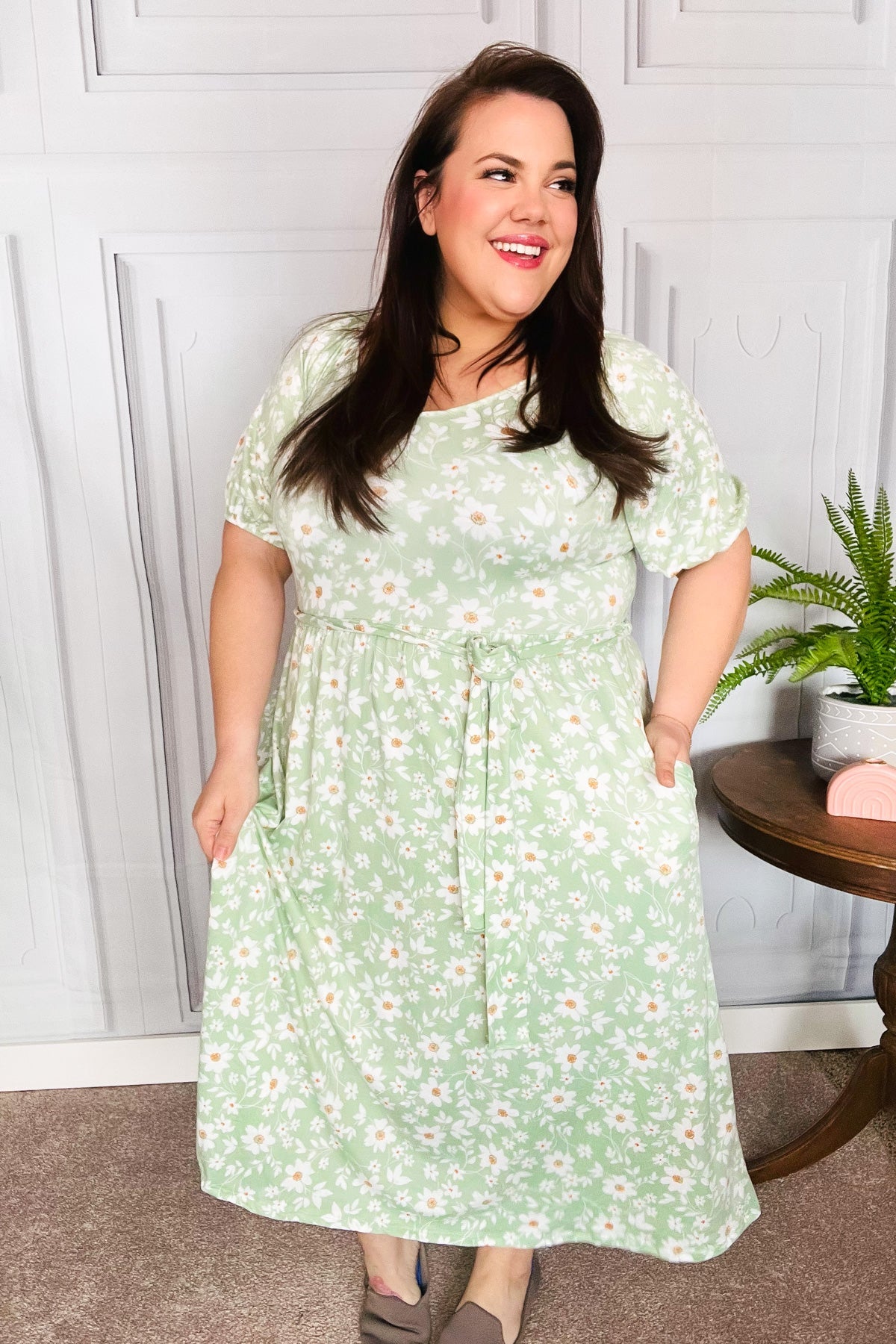 Sunny Days Sage Floral Print Fit & Flare Sash Belt V Neck Dress