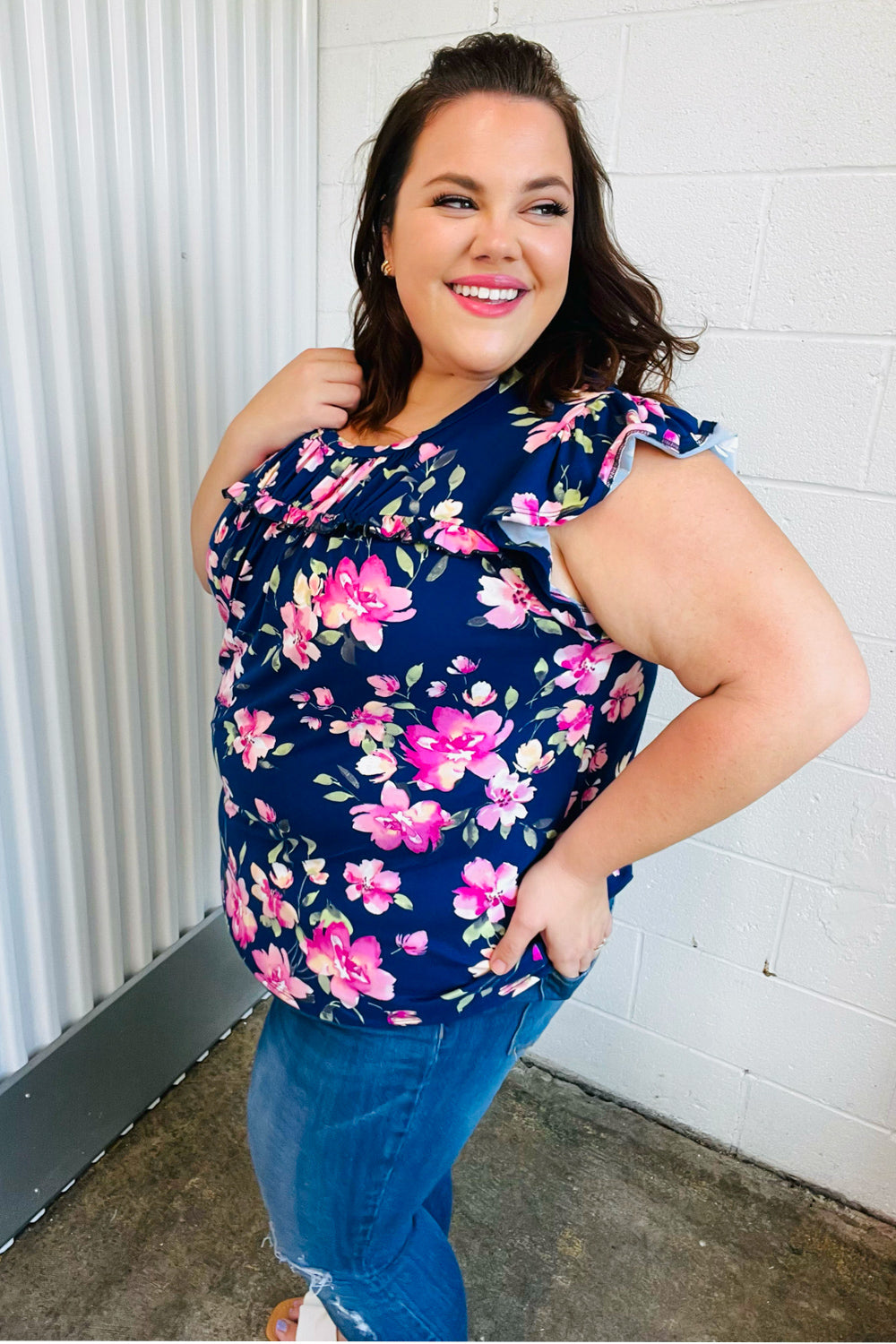 Navy & Pink Floral Print Frilled Short Sleeve Yoke Top