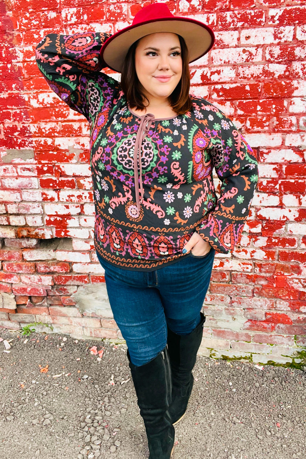 Take The Leap Black & Mauve Border Print Boho Tie Top