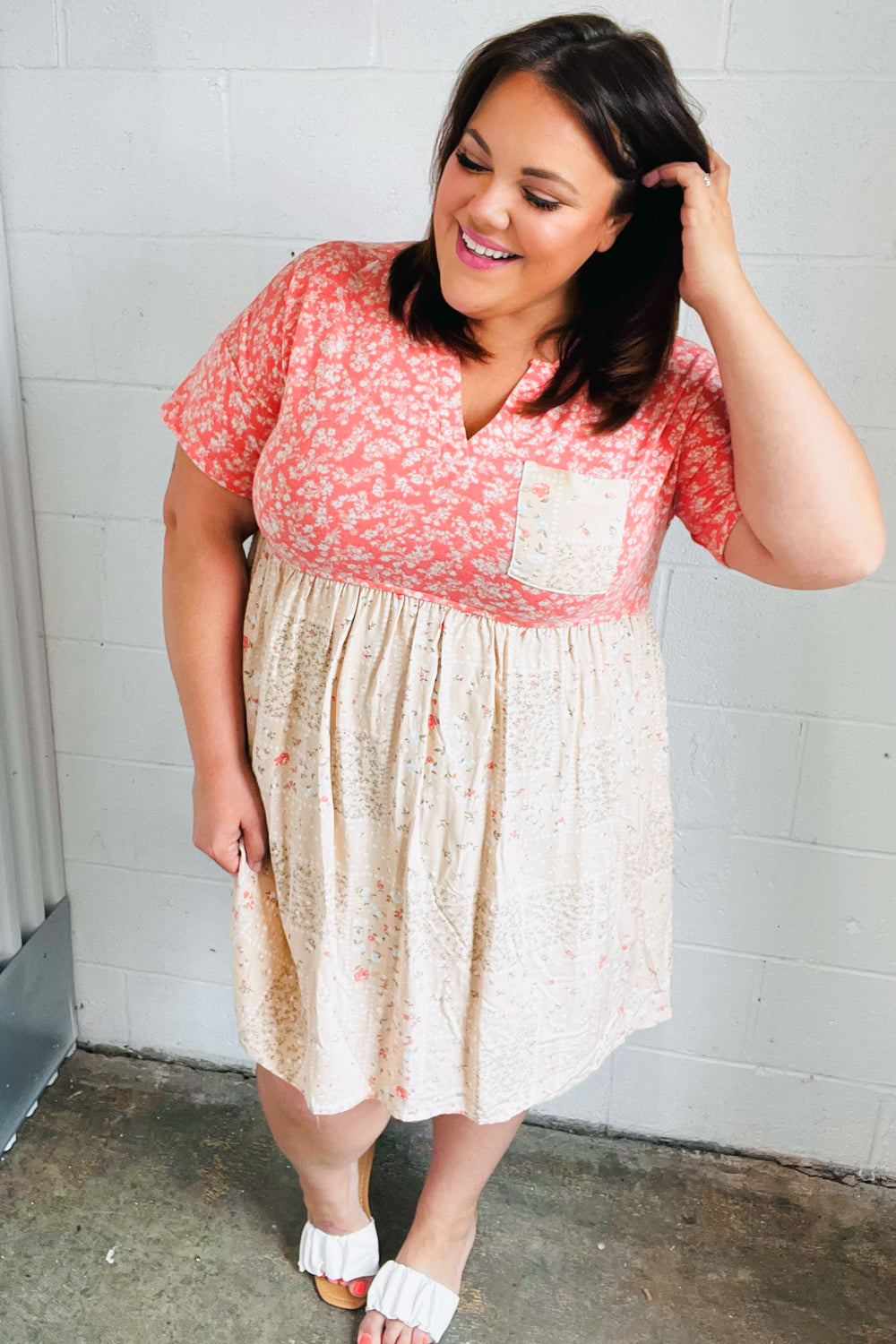 Coral & Taupe Floral Babydoll Color Block Dress