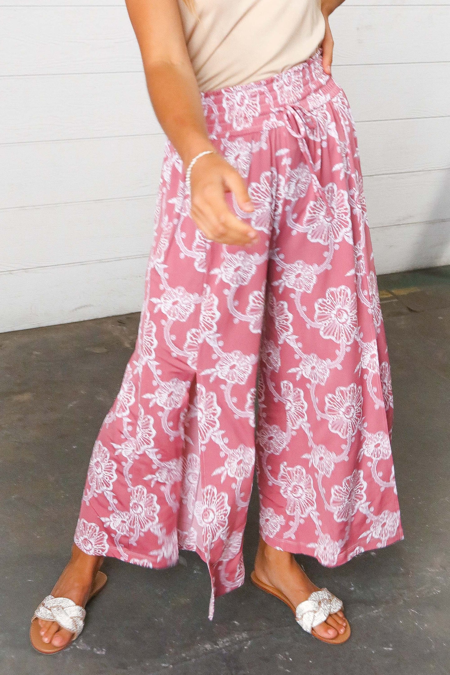 Mauve Floral Boho Smocked Waist Side Slit Palazzo Pants