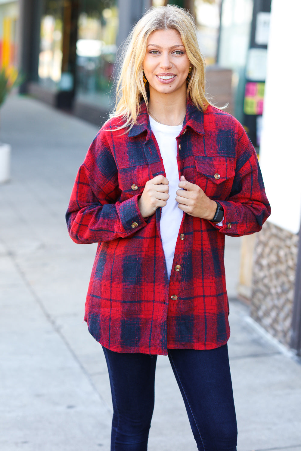 Red Cotton Flannel Plaid Square Hem Pocketed Jacket