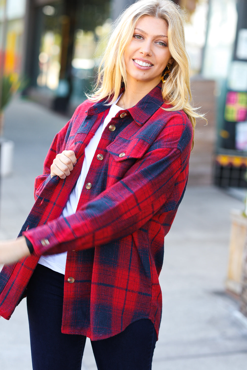 Red Cotton Flannel Plaid Square Hem Pocketed Jacket