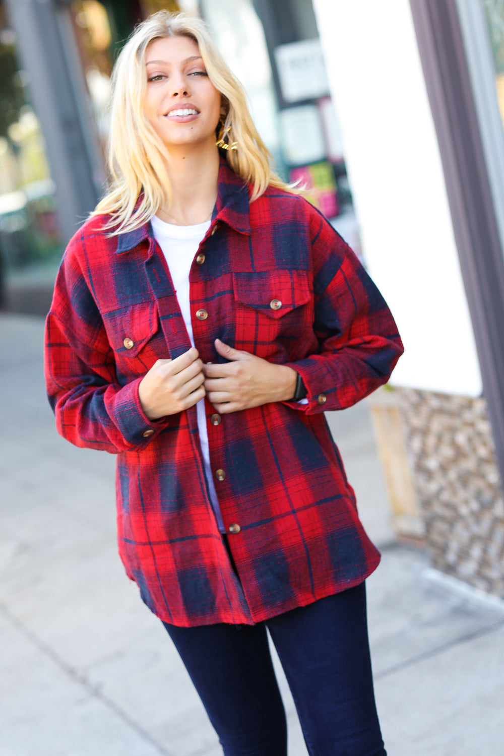 Red Cotton Flannel Plaid Square Hem Pocketed Jacket