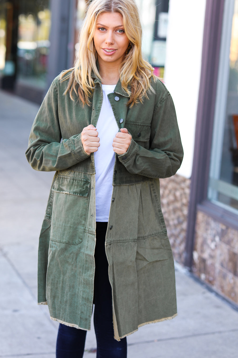 Olive Cotton Button Down Tiered Cut-Edge Long Jacket