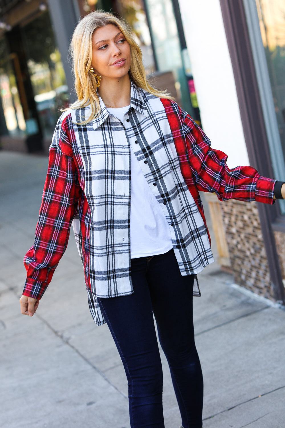 Holiday Red & White Plaid Color Block Hi Lo Shacket