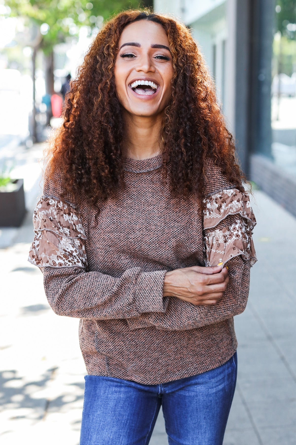 Fall Diva Brown Two Tone Knit Floral Print Frill Detail Sweater